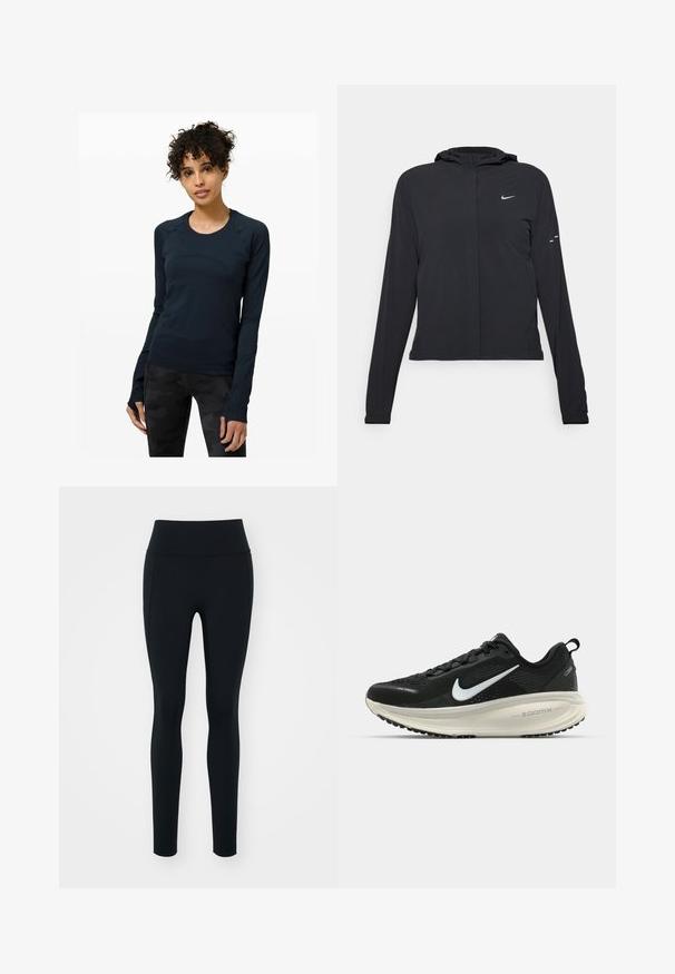 Melnā kapuci jaka ar garām piedurknēm, izgatavota no viegla materiāla. Tam ir priekšējais rāvējslēdzis, Nike logo un smalki dizaina akcenti.; Tumši jūras zila gara piedurkne sporta krekls ar apaļu apkakli, ar raglan piedurknēm un īkšķa caurumiem. Gluda auduma, ar pieguļošu dizainu.; Melni legingi, izgatavoti no elastīga materiāla, ar augstu jostu. Gluda tekstūra, pielāgota forma un nav redzamu rotājumu vai rakstu.; Melnas Nike skriešanas kurpes ar elpojošu acs augšdaļu, baltu Swoosh logotipu, strukturētu apdari un krēmkrāsas ZoomX starpsole.