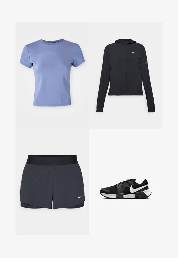 Must musta kapuutsiga jakk, millel on pikad varrukad ja mis on valmistatud kergetest materjalidest. Omab esitaskut, Nike logo ja kergelt silmatorkavaid disainiaktsente.; Hele lilla lõikega T-särk, mis on valmistatud ribakanga materjalist ja millel on ümmargune kaelus ning lühikesed varrukad. Särgile on lisatud väike logo aksent rinnal.; Mustad must sportlikud lühikesed püksid, millel on elastne vöökoht, kihiline disain ja väike valge Nike logo vasakul all. Kerge materjal.; Mustad must Sportlikud kingad, millel on võrkvorm, tekstuuriga külgpaneelid ja valged aktsendid. Tallal on jagatud osa, millel on kummist haardemuster.