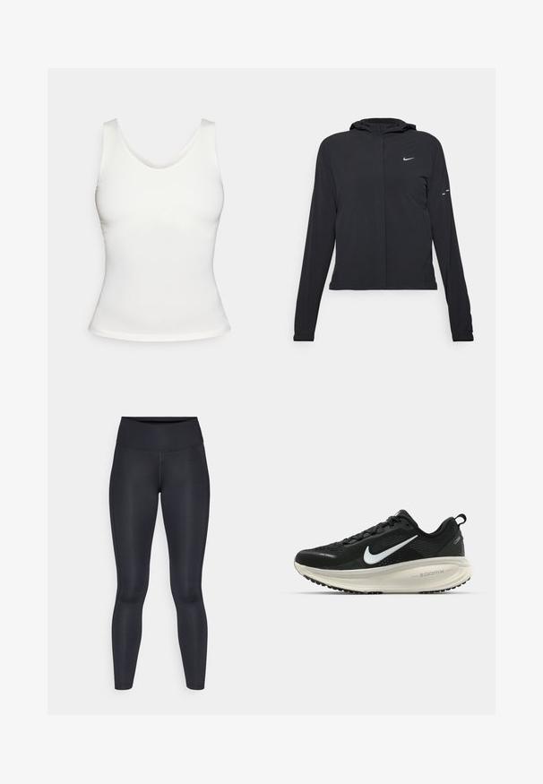 Veste à capuche noire avec des manches longues, fabriquée en matériau léger. Elle comporte une fermeture éclair à l'avant, un logo Nike et des accents de design subtils.; Débardeur ajusté sans manches blanc avec un col rond sur fond blanc.; Leggings noirs en tissu lisse et extensible. Taille haute sans motifs ni accents visibles. Ajustement serré de la taille aux chevilles.; Baskets de course noir Nike avec tige respirante en mesh, logo swoosh blanc, détails texturés et semelle intermédiaire ZoomX de couleur crème.