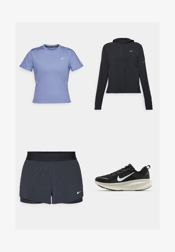 Giacca nera con cappuccio e maniche lunghe, realizzata in materiale leggero. Presenta una zip frontale, il logo Nike e accenti di design sottili.; Maglietta atletica a maniche corte in tessuto viola chiaro, con scollo rotondo e un piccolo logo Nike bianco sul petto sinistro.; Pantaloni sportivi neri con vita elastica, caratterizzati da un design a strati e un piccolo logo Nike bianco in basso a sinistra. Materiale leggero.; Scarpa da corsa nera Nike con tomaia in rete traspirante, logo Swoosh bianco, dettagli testurizzati e intersuola ZoomX di colore crema.