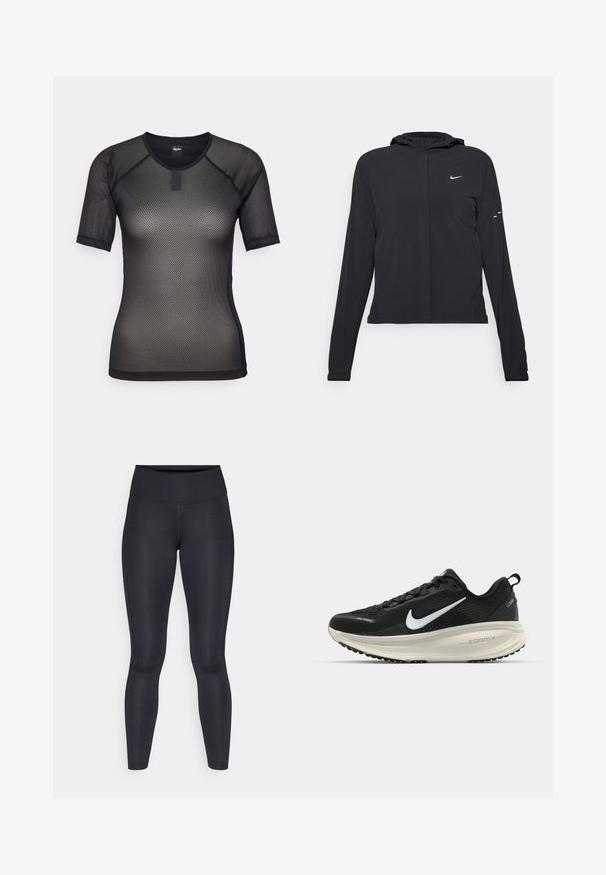 Svart huva jacka med långa ärmar, gjord av lätt material. Har en framdragare, en Nike-logotyp och subtila designelement.; Svart kortärmad mesh-top med rund halsringning och raglanärmar. Har ett strukturerat mönster och en liten logotagg vid kragen.; Svarta leggings gjorda av ett smidigt, elastiskt tyg. Hög midja utan synliga mönster eller detaljer. Sitter tätt från midjan till anklarna.; Svart Nike löparsko med andningsbart mesh-ovandel, vit swoosh-logotyp, texturerad detaljering och en krämfärgad ZoomX-mellansula.