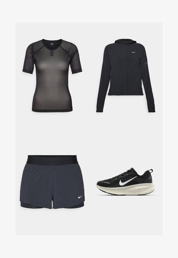 Juodas gobtuvas striukė su ilgomis rankovėmis, pagaminta iš lengvo audinio. Pasižymi priekiniais užtrauktukais, Nike logotipu ir subtiliais dizaino akcentais.; Juoda trumpa rankovė tinklelio palaidinė su apykakle ir raglaninėmis rankovėmis. Su tekstūruotu raštu ir mažyte prekės ženklo etikete ant apykaklės.; Juodos sportinės šortai su elastine talija, turintys sluoksniuotą dizainą ir mažą baltą Nike logotipą kairiajame apačioje. Lengvas audinys.; Juodas Nike sportinis batelis su kvėpuojančiu tinklu, baltu swoosh logotipu, tekstūruoto dizaino detalėmis ir grietinėlės spalvos ZoomX viduriu.