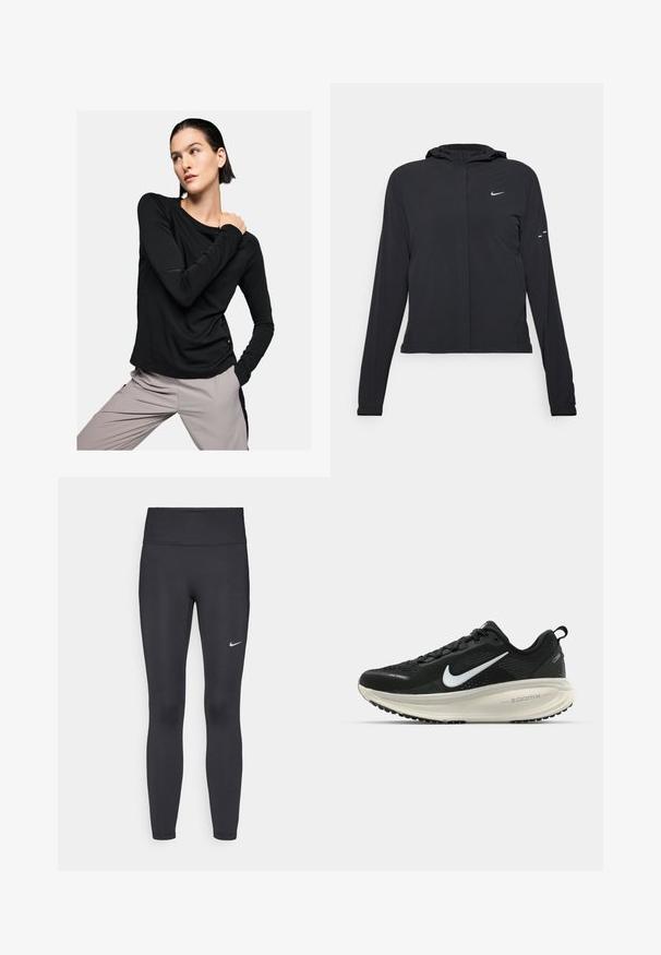 Black hooded jacket with long sleeves, made from lightweight material. Features a front zipper, a Nike logo, and subtle design accents.; Long-sleeve black shirt in soft fabric, featuring a rounded neckline and fitted silhouette, paired with light gray pants.; Black leggings made of stretchy fabric, featuring a high waistband and a white Nike logo on the left thigh. Smooth texture, form-fitting design.; Black Nike running shoe with breathable mesh upper, white swoosh logo, textured detailing, and a cream-colored ZoomX midsole.