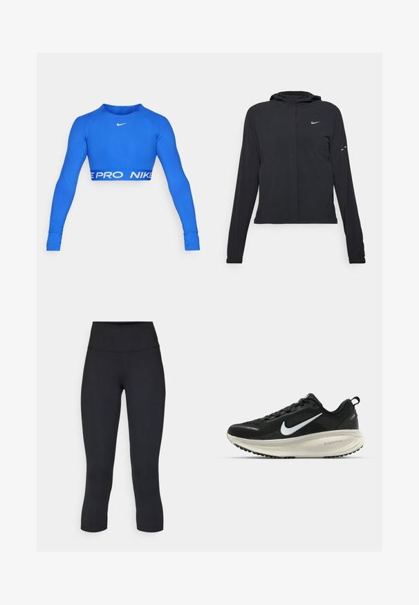 Černá kapucňová bunda s dlouhými rukávy, vyrobená z lehkého materiálu. Obsahuje přední zip, logo Nike a decentní designové akcenty.; Modrý cropped top s dlouhým rukávem vyrobený z elastického materiálu. Na prsou má bílé logo Nike a na spodním lemu výrazný pás "NIKE PRO". Přiléhavý střih.; Černé zkrácené legíny vyrobené z pružné látky, s vysokým pasem a hladkou texturou, bez viditelných vzorů nebo kovových prvků.; Černá běžecká obuv Nike s prodyšným síťovaným svrškem, bílým logem swoosh, texturovanými detaily a krémovou mezipodešví ZoomX.