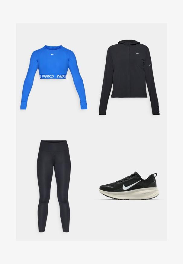 Black hooded jacket with long sleeves, made from lightweight material. Features a front zipper, a Nike logo, and subtle design accents.; Blue long-sleeve crop top made of stretch fabric. Features white Nike logo on chest and bold "NIKE PRO" band at the hem. Fitted design.; Black leggings made of smooth, stretchy fabric. High waist with no visible patterns or accents. Fit closely from waist to ankles.; Black Nike running shoe with breathable mesh upper, white swoosh logo, textured detailing, and a cream-colored ZoomX midsole.