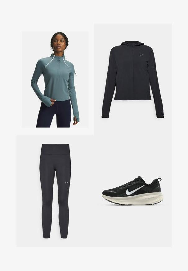 Mustassa hupparissa on pitkät hihat, ja se on valmistettu kevyestä materiaalista. Siinä on edessä vetoketju, Nike-logo ja hillityt muotoiluyksityiskohdat.; Teal urheilu paita, jossa on puoli-vetoketju, kaulus ja pitkät hihat. Tekstuuriset hihansuut ja heijastavat yksityiskohdat parantavat näkyvyyttä ja tyyliä.; Mustat leggingsit joustavasta kankaasta, joissa on korkea vyötärö ja valkoinen Nike-logo vasemmassa reidessä. Sileä pinta, muotoaan myötäilevä suunnittelu.; Mustat Nike-juoksukengät, joissa on hengittävä verkko-osa, valkoinen swoosh-logo, teksturoitu yksityiskohtaus ja kermaisen värinen ZoomX-välipohja.