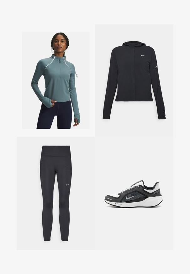 Juodas gobtuvas striukė su ilgomis rankovėmis, pagaminta iš lengvo audinio. Pasižymi priekiniais užtrauktukais, Nike logotipu ir subtiliais dizaino akcentais.; Mėlynas sportinis megztinis su pusiau užtrauktuku, apykakle ir ilgomis rankovėmis. Tekstūruoti rankogaliai ir atspindinčios detalės pagerina matomumą ir stilių.; Juodi leggingai iš elastingos medžiagos, turintys aukštą juosmenį ir baltą Nike logotipą kairėje šlaunyje. Lygus paviršius, prigludusi dizainas.; Nike sportbačiai su juodai balta spalvų schemomis, tinklelio viršutinė dalis ir sidabriniai akcentai. Guma padas su "Air Zoom" ženklu, tekstūruotas geresniam sukibimui.