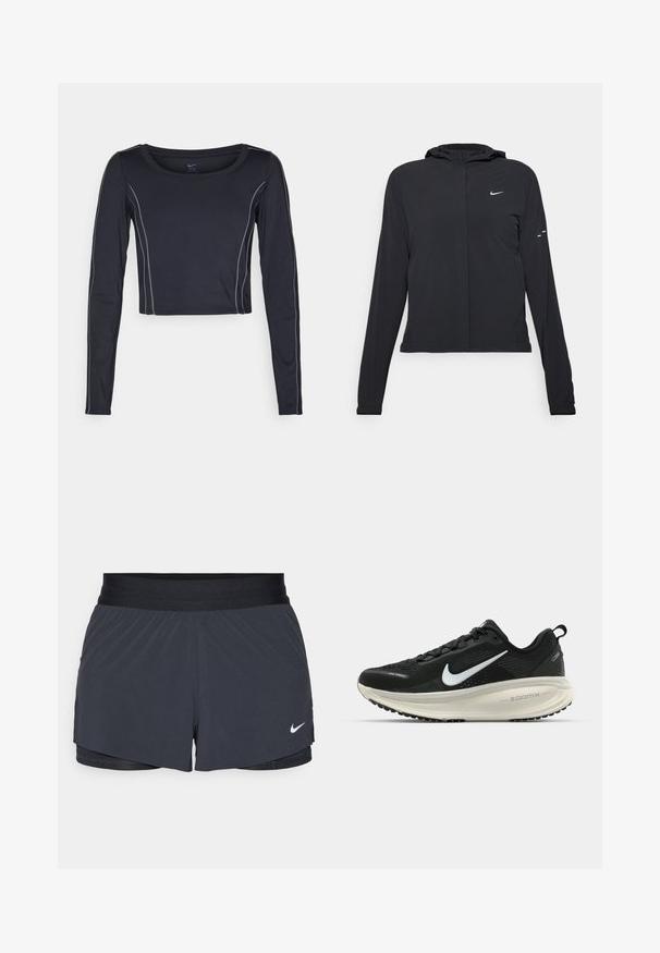 Black hooded jacket with long sleeves, made from lightweight material. Features a front zipper, a Nike logo, and subtle design accents.; Dark navy long-sleeve cropped top with round neckline. Features light gray stitching along seams. Made from stretch fabric for comfort.; Black athletic shorts with an elastic waistband, featuring a layered design and a small white Nike logo on the lower left. Lightweight material.; Black Nike running shoe with breathable mesh upper, white swoosh logo, textured detailing, and a cream-colored ZoomX midsole.