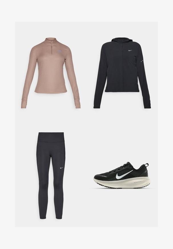 Must musta kapuutsiga jakk, millel on pikad varrukad ja mis on valmistatud kergetest materjalidest. Omab esitaskut, Nike logo ja kergelt silmatorkavaid disainiaktsente.; Pika-särgid, lukuga kraega, heledast pruunist ribakangast, millel on rindkeres peene sinine logo; mugavalt istuv disain ja pöidlaharud varrukatel.; Mustad mustadest leggingid, mis on valmistatud venivast kangast, kõrge vöökoha ja valge Nike logo abil vasakul reiel. Sile tekstuur, keha järgiv disain.; Musthave mustus Nike jooksujalats, millel on hingav võrgust ülemine osa, valge swoosh logo, tekstuuriga detailid ja kreemja värvusega ZoomX vahevöö.