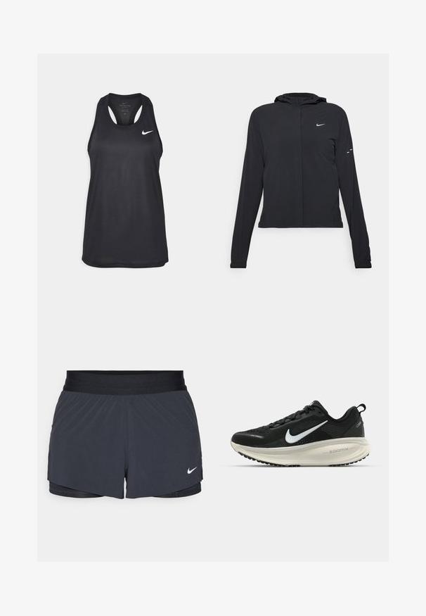 Sort hættetrøje med lange ærmer, lavet af letvægtsmateriale. Har en frontlynlås, et Nike-logo og subtile designaccenter.; Sort Nike atletisk tanktop med rund hals, racerback-design og broderet logo på brystet. Glat stofstruktur.; Sort træningsshorts med elastisk talje, der har et lagdelt design og et lille hvidt Nike-logo nederst til venstre. Letvægtsmateriale.; Sort Nike løbesko med åndbart mesh-overdel, hvidt swoosh-logo, tekstureret detaljering og en cremede ZoomX mellemsål.