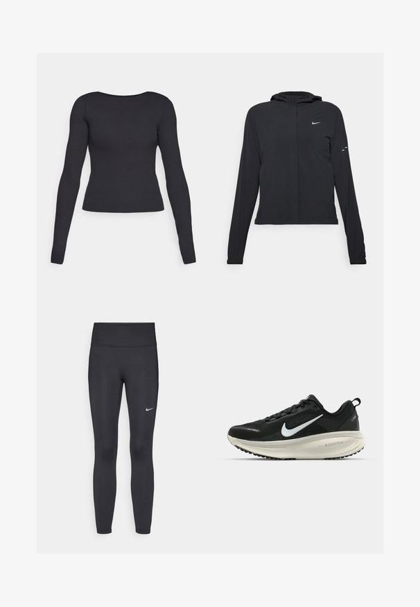 Casaco preto com capuz e mangas longas, feito de material leve. Apresenta um fecho dourado na frente, um logótipo da Nike e detalhes de design subtis.; Top preto de mangas longas com um design ajustado, decote redondo e textura suave. Sem padrões visíveis ou peças de hardware.; Leggings pretos feitos de tecido elástico, com uma cintura alta e um logo branco da Nike na coxa esquerda. Textura suave, design ajustado ao corpo.; Sapatilha de corrida Nike preta com parte superior de malha respirável, logotipo Swoosh branco, detalhes texturizados e uma entressola ZoomX na cor creme.