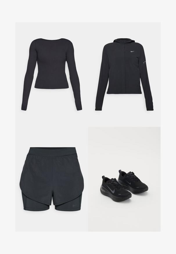 Black hooded jacket with long sleeves, made from lightweight material. Features a front zipper, a Nike logo, and subtle design accents.; Black long-sleeve top with a fitted design, round neckline, and smooth texture. No visible patterns or hardware.; Black athletic shorts with a layered design, featuring a smooth outer layer and fitted inner shorts. Made of lightweight, stretch fabric.; Black athletic shoes with a textured upper, lace-up design, and a thick, cushioned sole. Features a grey Nike logo on each side.