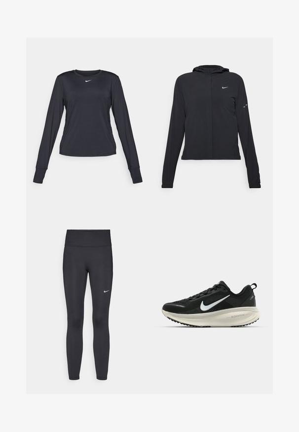 Crna jakna s kapuljačom i dugim rukavima, izrađena od laganog materijala. Ima prednji patentni zatvarač, Nike logo i suptilne dizajnerske detalje.; Crna majica s dugim rukavima za sport, izrađena od tkanine koja upija vlagu, s okruglim izrezom i malim bijelim logotipom na prsima.; Crne tajice izrađene od rastezljivog materijala, s visokim strukom i bijelim Nike logotipom na lijevom bedru. Glatka tekstura, dizajn koji prati obline.; Crne Nike trkačke tenisice s prozračnom mrežastom gornjom konstrukcijom, bijelim swoosh logotipom, teksturiranim detaljima i kremastom ZoomX srednjom potplatnom jedinicom.