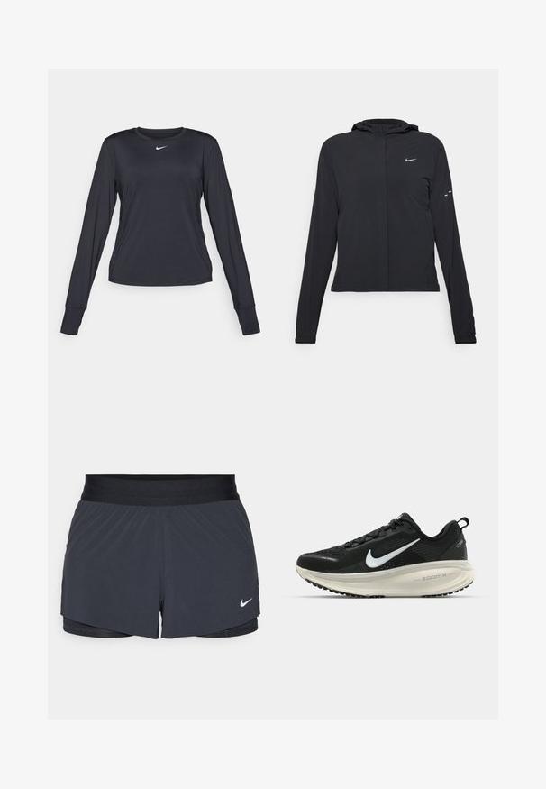 Mustassa hupparissa on pitkät hihat, ja se on valmistettu kevyestä materiaalista. Siinä on edessä vetoketju, Nike-logo ja hillityt muotoiluyksityiskohdat.; Musta pitkähihainen urheilupaita, joka on valmistettu kosteutta siirtävästä kankaasta. Paidassa on pyöreä kaula-aukko ja pieni valkoinen logo rinnassa.; Mustat urheilushortsit, joissa on joustava vyötärö. Shortseissa on kerroksellinen muotoilu ja pieni valkoinen Nike-logo vasemmassa alareunassa. Kevyt materiaali.; Mustat Nike-juoksukengät, joissa on hengittävä verkko-osa, valkoinen swoosh-logo, teksturoitu yksityiskohtaus ja kermaisen värinen ZoomX-välipohja.