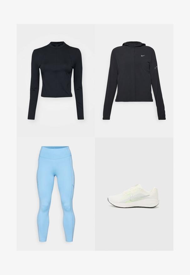 Melnā kapuci jaka ar garām piedurknēm, izgatavota no viegla materiāla. Tam ir priekšējais rāvējslēdzis, Nike logo un smalki dizaina akcenti.; Melnā garā piedurkna cropped tops gludā, elastīgā audumā ar augstu apkakli un aizmugurējo rāvējslēdzēju. Piedurkņu mala ir papildināta ar šuvju detaļām.; Gaiši zili legingi, kas izgatavoti no elastīga auduma. Rūpīgi veidota augstas vids josta, gluda tekstūra un noapaļoti šuvi gar kājām.; Nike Performance DOWNSHIFTER 13 - Apavi skriešanai pa asfaltu - sail/silver-coloured photon dust/summit white/barely volt/black