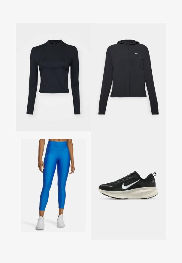 Čierna kapucňová bunda s dlhou rukávou, vyrobená z ľahkého materiálu. Má predný zips, logo Nike a jemné dizajnové akcenty.; Čierny dlhý rukáv, skrátený top z hladkej a pružnej tkaniny s vysokým golierom a zipsom na chrbte. Pozostáva z prešívania podél rukávov.; Modré športové legíny vyrobené z pružnej, hladkej tkaniny s vysokým pásom a malým logom na ľavom lýtku.; Čierne bežecké topánky Nike s priedušnou sieťovinou, bielym logom s symbolom swoosh, textúrovanými detailmi a krémovou ZoomX medzipodrážkou.