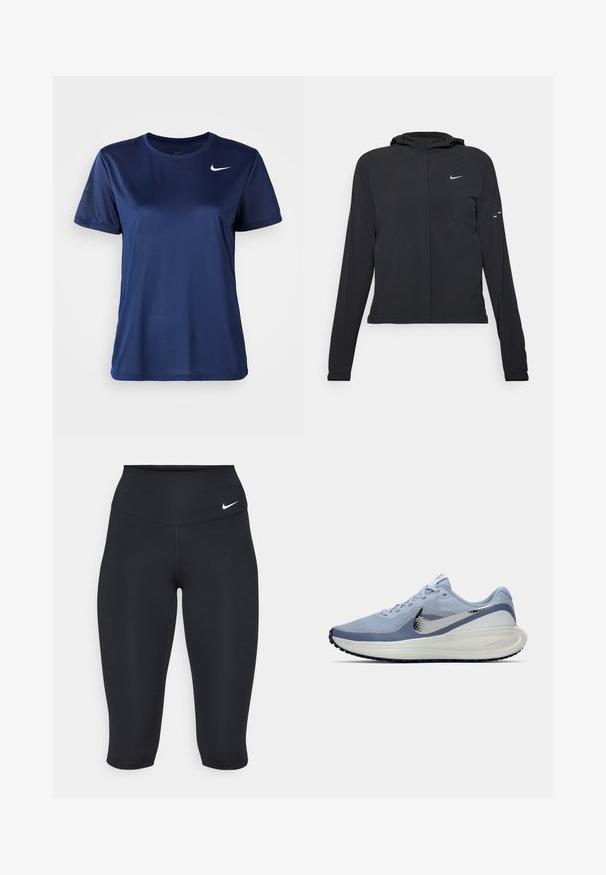 Casaco preto com capuz e mangas longas, feito de material leve. Apresenta um fecho dourado na frente, um logótipo da Nike e detalhes de design subtis.; T-shirt de manga curta azul marinho feito de um tecido sintético suave; apresenta um logo branco da Nike no peito e um design de ajuste regular.; As calças capri pretas da Nike apresentam uma cintura alta, um tecido elástico suave e um detalhe sutil do logo na frente.; Sapatilha de corrida Nike azul claro e branca com o swoosh prateado, parte superior de malha respirável, sola acolchoada e sola preta.