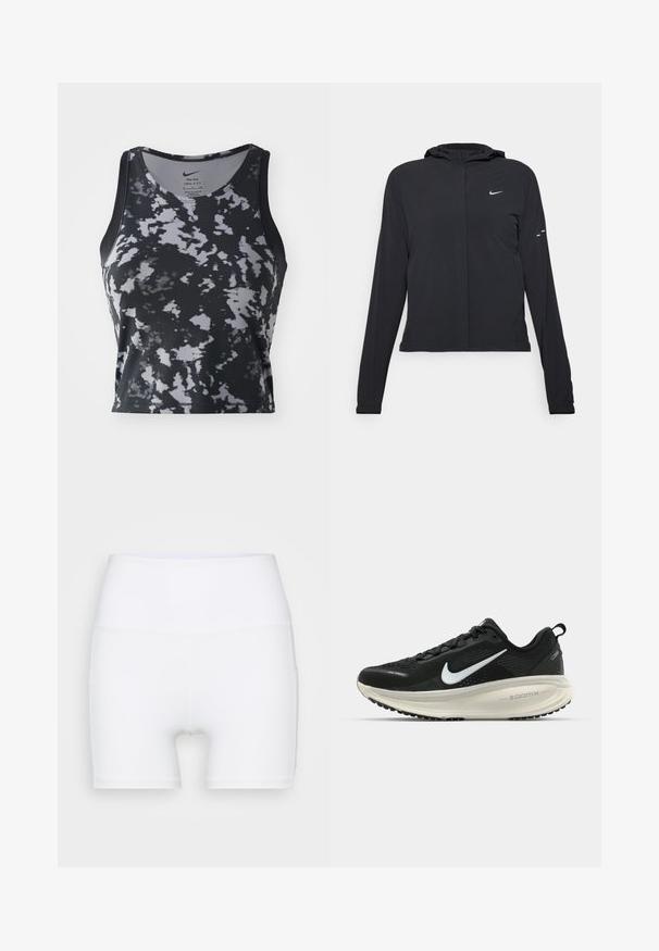 Casaco preto com capuz e mangas longas, feito de material leve. Apresenta um fecho dourado na frente, um logótipo da Nike e detalhes de design subtis.; Top de alças preto e cinza com padrão marmoreado, feito em material Dri-FIT, apresenta um decote arredondado e design sem mangas.; Calções brancos de cintura alta feitos de tecido elástico. Apresentam uma textura suave e um design justo, sem padrões ou acessórios adicionais.; Sapatilha de corrida Nike preta com parte superior de malha respirável, logotipo Swoosh branco, detalhes texturizados e uma entressola ZoomX na cor creme.