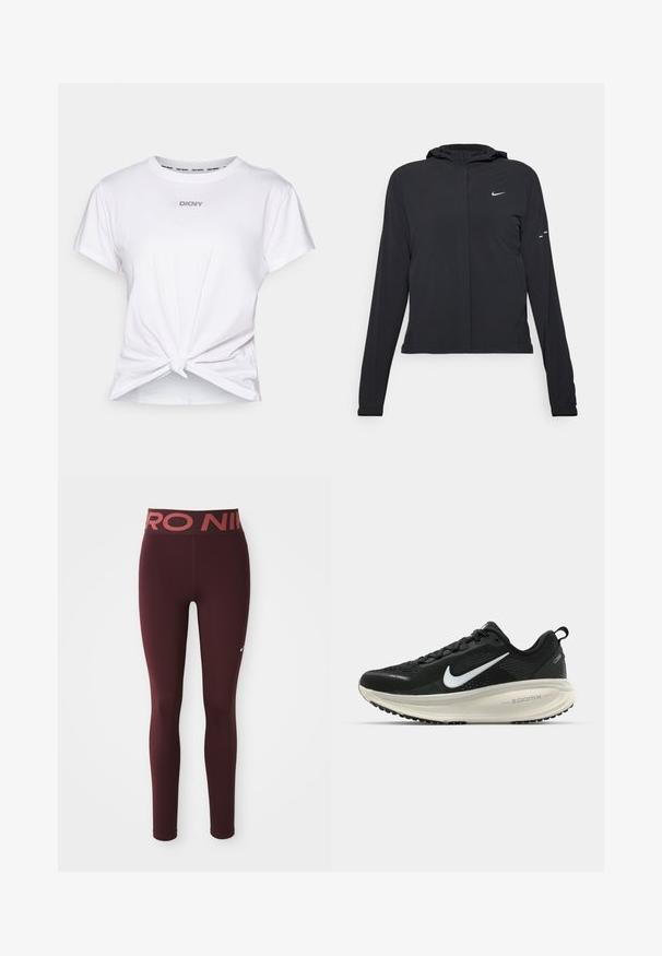 Crna jakna s kapuljačom i dugim rukavima, izrađena od laganog materijala. Ima prednji patentni zatvarač, Nike logo i suptilne dizajnerske detalje.; Bijela pamučna majica kratkih rukava s čvorastim rubom i "DKNY" logom od kristala na prsima. Glatka tekstura.; Ljubičaste atletske tajice s visokim strukom, koje imaju crveni logo. Izrađene su od glatkog, rastezljivog materijala s prilagođenim dizajnom.; Crne Nike trkačke tenisice s prozračnom mrežastom gornjom konstrukcijom, bijelim swoosh logotipom, teksturiranim detaljima i kremastom ZoomX srednjom potplatnom jedinicom.