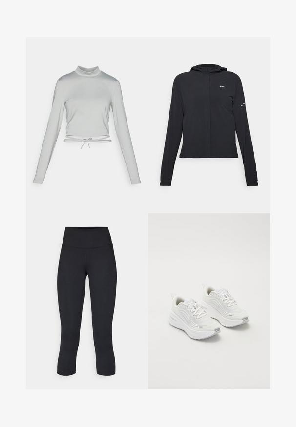 Svart hettegenser med lange ermer, laget av lett materiale. Har glidelås foran, Nike-logo og subtile design detaljer.; Lys grå langermet crop topp med en høy krage. Laget av et glatt, stretchy stoff med snøring i kanten.; Sorte, cropped leggings laget av elastisk stoff, med høy midje og glatt tekstur, uten synlige mønstre eller detaljer.; Hvite joggesko med et teksturert mesh-overdel, polstret såle og subtile grå aksenter. Inkluderer merkevare og løkke på hælen for enkel påkledning.