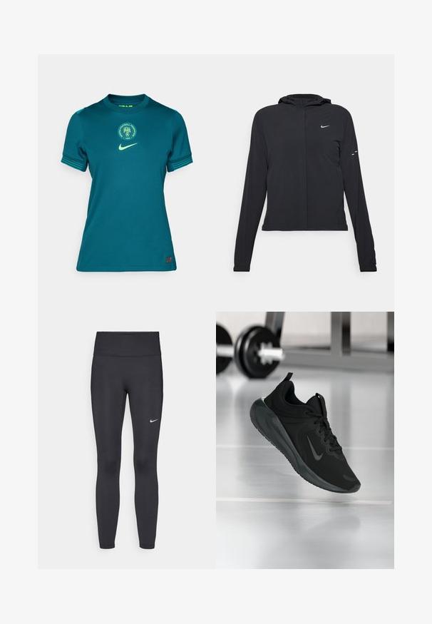 Czarna kurtka z kapturem, z długimi rękawami, wykonana z lekkiego materiału. Posiada zamek błyskawiczny z przodu, logo Nike oraz subtelne akcenty wzornicze.; Błękitna koszulka piłkarska Nike z okrągłym dekoltem, krótkimi rękawami, zielonymi akcentami oraz okrągłym logiem Nigeria Football Federation.; Czarne legginsy z elastycznego materiału, z wysokim pasem i białym logo Nike na lewym udzie. Gładka tekstura, dopasowany krój.; Czarny sportowy sneaker z logo Nike, pokazany w powietrzu na podłodze siłowni, z rozmytym regałem z hantlami w tle.