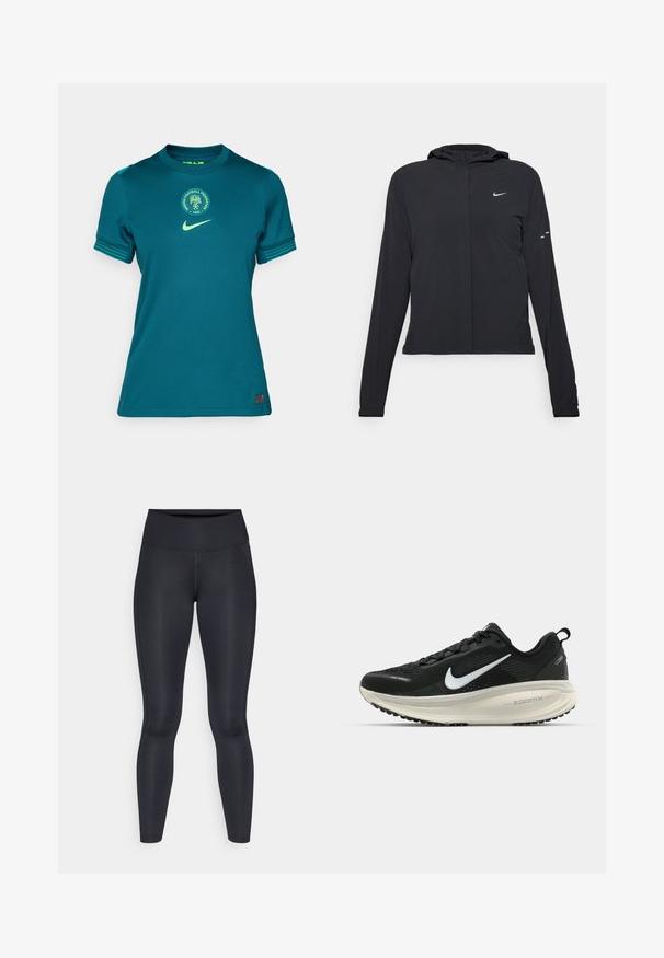 Svart hettegenser med lange ermer, laget av lett materiale. Har glidelås foran, Nike-logo og subtile design detaljer.; Teal Nike fotballdrakt med rund hals, korte ermer, grønne detaljer og et sirkulært Nigeria Football Federation-logo.; Sorte leggings laget av glatt, elastisk materiale. Høy midje uten synlige mønstre eller detaljer. Sitter tett fra midjen til anklene.; Svart Nike løpesko med pustende mesh-overdel, hvit swoosh-logo, teksturert detaljer og en kremfarget ZoomX mellomsåle.