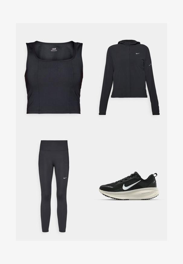Svart huva jacka med långa ärmar, gjord av lätt material. Har en framdragare, en Nike-logotyp och subtila designelement.; Svart atletisk crop top, tillverkad av slät tyg, har en rund halsringning, är ärmlös och har subtila sömnadsdetaljer.; Svarta leggings i elastiskt material, med hög midja och en vit Nike-logga på vänster lår. Slät textur, figurnära design.; Svart Nike löparsko med andningsbart mesh-ovandel, vit swoosh-logotyp, texturerad detaljering och en krämfärgad ZoomX-mellansula.
