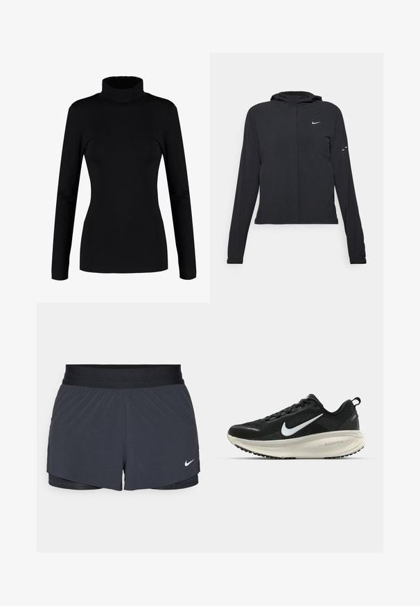 Giacca nera con cappuccio e maniche lunghe, realizzata in materiale leggero. Presenta una zip frontale, il logo Nike e accenti di design sottili.; Maglione nero a maniche lunghe con collo alto, realizzato in un tessuto morbido e elasticizzato, dalla silhouette aderente. Senza fantasie né decorazioni.; Pantaloni sportivi neri con vita elastica, caratterizzati da un design a strati e un piccolo logo Nike bianco in basso a sinistra. Materiale leggero.; Scarpa da corsa nera Nike con tomaia in rete traspirante, logo Swoosh bianco, dettagli testurizzati e intersuola ZoomX di colore crema.