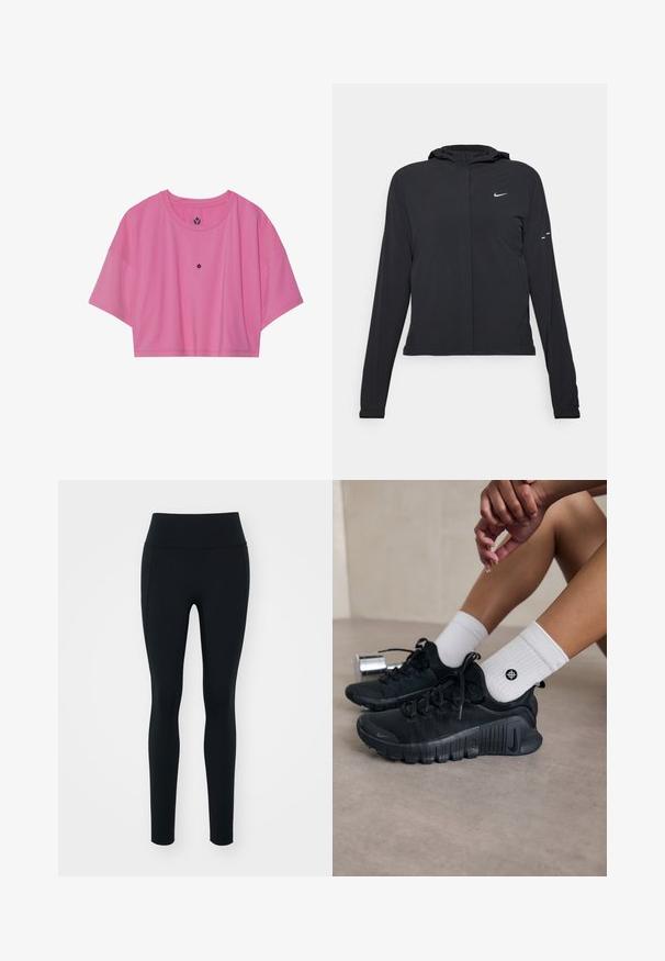 Svart huva jacka med långa ärmar, gjord av lätt material. Har en framdragare, en Nike-logotyp och subtila designelement.; Tjejig rosa sporttröja, kortärmad och med rund halsringning, tillverkad av mjukt material. Litet logo placerat centralt på bröstet.; Svarta leggings i elastiskt material med hög midja. Slät textur, figurnära design och inga synliga dekorationer eller mönster.; Svarta sportskor med texturerat tyg, snörning och en framträdande sula, tillsammans med vita ribbade strumpor med en liten logotyp.