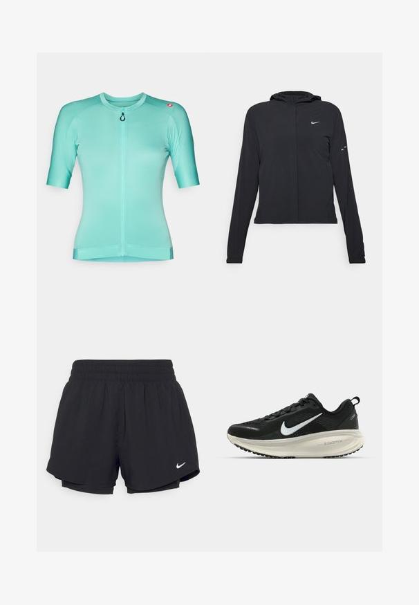 Mustassa hupparissa on pitkät hihat, ja se on valmistettu kevyestä materiaalista. Siinä on edessä vetoketju, Nike-logo ja hillityt muotoiluyksityiskohdat.; Lyhythihainen pyöräilypaita vaaleansinisessä värissä, jossa on etuvetoketju, teksturoitu kangas ja logo-akkentti olkapäällä.; Mustat urheilushortsit, joissa on kootut joustovyötärö, vuori ja valkoinen Nike-logo vasemmassa alakulmassa. Suoraviivainen, kevyt kangas.; Mustat Nike-juoksukengät, joissa on hengittävä verkko-osa, valkoinen swoosh-logo, teksturoitu yksityiskohtaus ja kermaisen värinen ZoomX-välipohja.