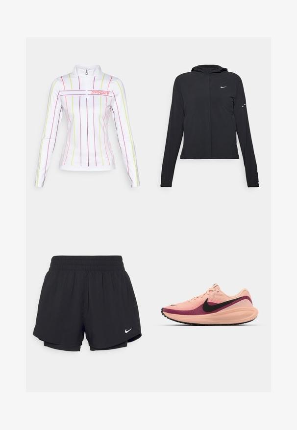 Casaco preto com capuz e mangas longas, feito de material leve. Apresenta um fecho dourado na frente, um logótipo da Nike e detalhes de design subtis.; Camisola atlética de mangas longas branca com um fecho de meia-zíper, apresentando riscas verticais multicoloridas em rosa, roxo e amarelo neon.; Calções atléticos pretos com um cós elástico franzido, forro interior e o logótipo da Nike em branco no lado inferior esquerdo. Tecido suave e leve.; Sapatilha de corrida Nike com parte superior em malha em rosa claro, com detalhes em gradiente de cor maroon, um swoosh preto e uma sola em borracha texturizada.