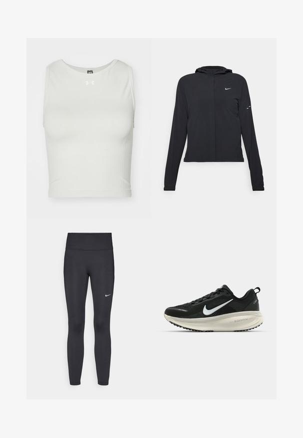 Mustassa hupparissa on pitkät hihat, ja se on valmistettu kevyestä materiaalista. Siinä on edessä vetoketju, Nike-logo ja hillityt muotoiluyksityiskohdat.; Valkoinen lyhyt urheilu toppi, joka on valmistettu sileästä, venyvästä kankaasta, jossa on pyöreä pääntie ja hihattomat mallit; etuosassa pieni logo.; Mustat leggingsit joustavasta kankaasta, joissa on korkea vyötärö ja valkoinen Nike-logo vasemmassa reidessä. Sileä pinta, muotoaan myötäilevä suunnittelu.; Mustat Nike-juoksukengät, joissa on hengittävä verkko-osa, valkoinen swoosh-logo, teksturoitu yksityiskohtaus ja kermaisen värinen ZoomX-välipohja.