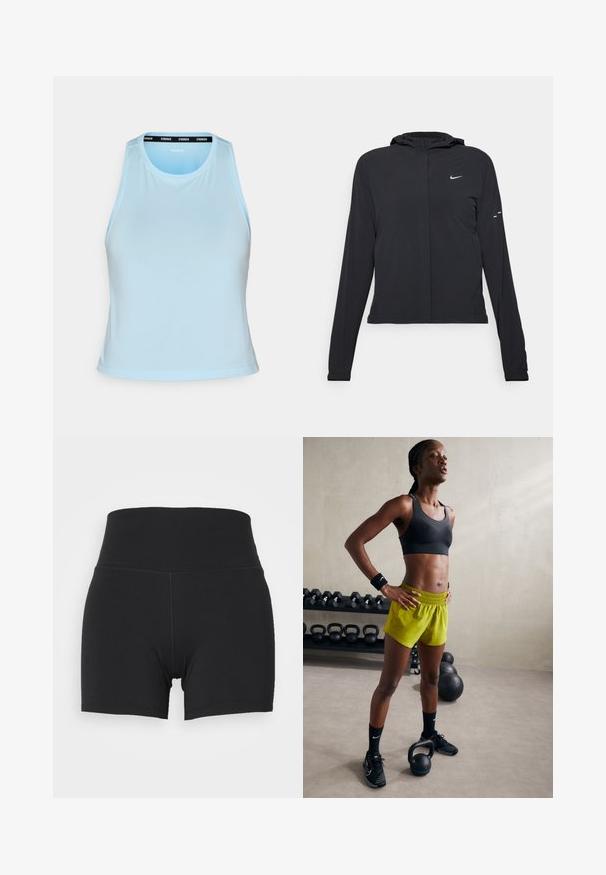 Zwarte kaptrui met lange mouwen, gemaakt van lichtgewicht materiaal. Voorzien van een ritssluiting aan de voorkant, een Nike-logo en subtiele ontwerpelementen.; Lichtblauwe sporttanktop met een ronde halslijn, mouwloos ontwerp en een zwarte merkband langs de kraag. Glad textuur.; Zwarte sportshorts met een hoge elastische tailleband, gemaakt van gladde, rekbare stof. Heeft een getailleerd ontwerp en minimale stiksels.; Zwarte sportbeha, felgele shorts met een elastische tailleband, zwarte sportschoenen en polsbanden, staande naast kettlebells.