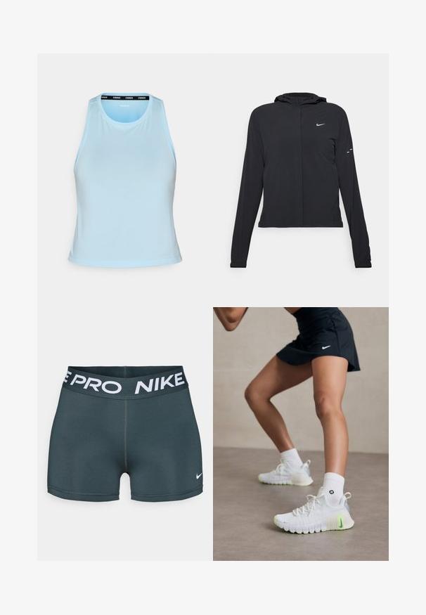 Schwarze Kapuzenjacke mit langen Ärmeln, aus leichtem Material gefertigt. Sie hat einen vorderen Reißverschluss, ein Nike-Logo und dezente Designelemente.; Hellblaues Sporttanktop mit Rundhalsausschnitt, ärmellosem Design und einem schwarzen, markierten Band entlang des Kragens. Glatte Textur.; Dunkelgraue Nike Pro Sportshorts mit breitem elastischem Bund, auf dem "NIKE PRO" in weißen Buchstaben steht, sowie kleinem weißen Nike-Swoosh-Logo.; Weiße Sportschuhe mit strukturierter Oberfläche, neon-grünen Akzenten und einem markanten Nike-Logo. Getragen mit weißen Knöchelsocken.