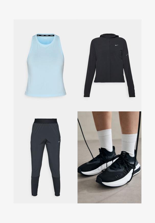 Jachetă neagră cu glugă, cu mâneci lungi, fabricată din material ușor. Dispune de un fermoar frontal, un logo Nike și accente de design subtile.; Top sportiv de culoare albastru deschis, cu decolteu rotund, design fără mâneci și o bandă neagră cu brand pe guler. Textură netedă.; Pantaloni sport Nike de culoare gri închis, cu un design cu picior tapered, talie elastică și detalii accentuate lângă manșete.; Căști atletice negre cu țesătură texturată, talpă albă și șireturi negre. Purtați cu șosete albe cu riflaje, stând pe o suprafață deschisă.