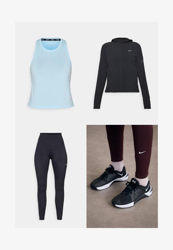 Črna kapuča s dolgimi rokavi, izdelana iz lahkega materiala. Ima sprednji zadrgo, logotip Nike in subtilne oblikovne detajle.; Svijetloplava atletska majica bez rukava s okruglim izrezom, koja ima crni brendirani pojas oko izreza. Glatka tekstura.; Visoko pasne črne legice iz raztegljive tkanine, ki imajo gladko teksturo in majhen logotip na spodnjem delu noge. Kostumiran dizajn.; Črne športne čevlje z teksturirano zgornjimi deli in belimi akcenti, vključno z vezalkami in logotipom na strani. Oblečene z maroon legicami in svetlimi nogavicami.