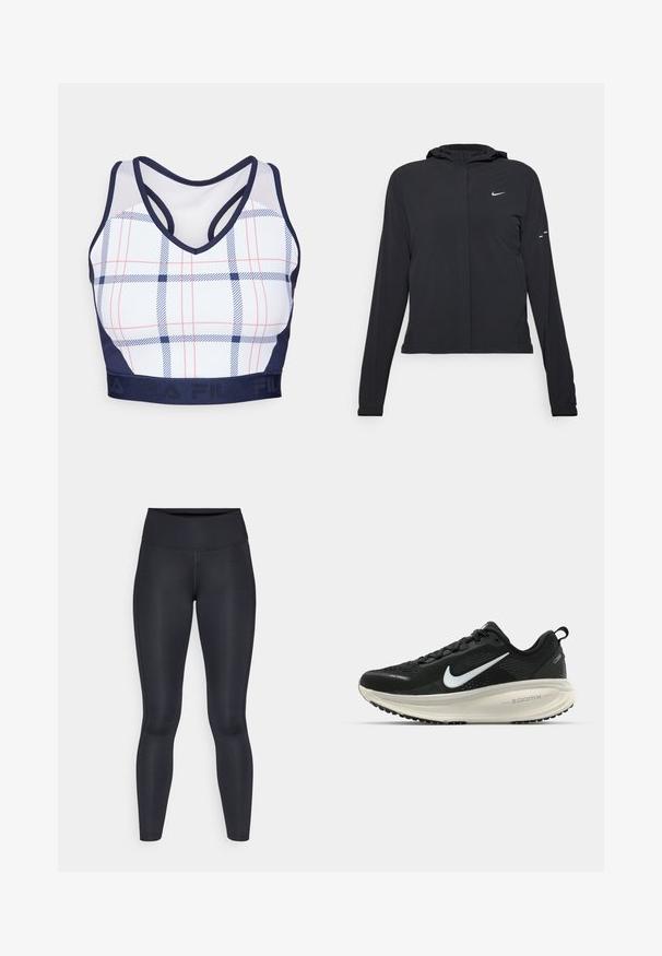 Must musta kapuutsiga jakk, millel on pikad varrukad ja mis on valmistatud kergetest materjalidest. Omab esitaskut, Nike logo ja kergelt silmatorkavaid disainiaktsente.; Ruudestatud spordibrasi valge alusega, sinise ja punase ruuduga mustril, tumesinise äärisega ning racerback disainiga. Omab elastset paela logoga.; Mustad mustad, mis on valmistatud siledast ja venivast kangast. Kõrge vöökoht, ilma nähtavate mustrite või aksessuaarideta. Sobivad tihedalt puusadelt kuni pahkluuni.; Musthave mustus Nike jooksujalats, millel on hingav võrgust ülemine osa, valge swoosh logo, tekstuuriga detailid ja kreemja värvusega ZoomX vahevöö.