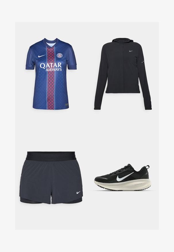 Melnā kapuci jaka ar garām piedurknēm, izgatavota no viegla materiāla. Tam ir priekšējais rāvējslēdzis, Nike logo un smalki dizaina akcenti.; Tumši zilas krāsas futbols krekls, izgatavots no gludas auduma, ar ģeometrisku rakstu, sarkanu un baltu vertikālu svītru, un "QATAR AIRWAYS" logo.; Melnas sporta šortus ar elastīgu jostu, ar slāņotu dizainu un mazu balto Nike logo apakšējā kreisajā stūrī. Viegls materiāls.; Melnas Nike skriešanas kurpes ar elpojošu acs augšdaļu, baltu Swoosh logotipu, strukturētu apdari un krēmkrāsas ZoomX starpsole.