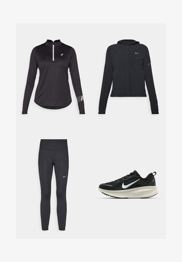 Chaqueta negra con capucha y mangas largas, hecha de un material ligero. Presenta un cierre frontal, un logo de Nike y acentos de diseño sutiles.; Camiseta deportiva negra de manga larga con cuello de media cremallera, tejido texturizado y un patrón de puntos en la manga derecha que presenta acentos de logo.; Leggings negras de tela elástica, con una cintura alta y un logo blanco de Nike en el muslo izquierdo. Textura suave, diseño ajustado.; Zapatilla de running Nike negra con parte superior de malla transpirable, logo Swoosh blanco, detalles texturizados y una entresuela ZoomX de color crema.