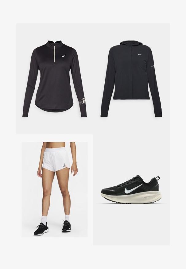 Chaqueta negra con capucha y mangas largas, hecha de un material ligero. Presenta un cierre frontal, un logo de Nike y acentos de diseño sutiles.; Camiseta deportiva negra de manga larga con cuello de media cremallera, tejido texturizado y un patrón de puntos en la manga derecha que presenta acentos de logo.; Pantalones cortos deportivos blancos con cinturilla acanalada, aberturas laterales y un logo negro de Nike. Se llevan con zapatillas negras y calcetines blancos hasta la mitad de la pantorrilla.; Zapatilla de running Nike negra con parte superior de malla transpirable, logo Swoosh blanco, detalles texturizados y una entresuela ZoomX de color crema.