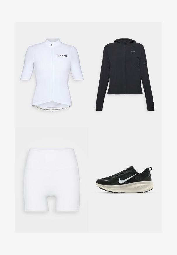 Melnā kapuci jaka ar garām piedurknēm, izgatavota no viegla materiāla. Tam ir priekšējais rāvējslēdzis, Nike logo un smalki dizaina akcenti.; Īsām piedurknēm velo krekls baltā audumā ar priekšējo rāvējslēdzēju, kas rotāts ar melno "LE COL" zīmolu un rakstainu jostasvietu ar tekstu.; Baltā krāsā augsto jostasvietu šorti, izgatavoti no elastīga auduma. Raksturīga gluda virsma un pieguļoša piegriezuma forma, bez papildu rakstiem vai detaļām.; Melnas Nike skriešanas kurpes ar elpojošu acs augšdaļu, baltu Swoosh logotipu, strukturētu apdari un krēmkrāsas ZoomX starpsole.