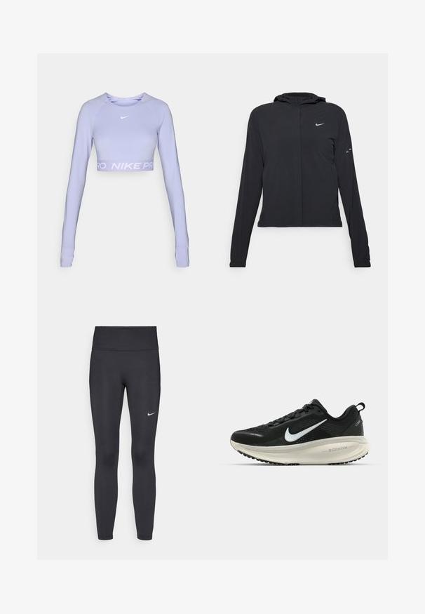 Black hooded jacket with long sleeves, made from lightweight material. Features a front zipper, a Nike logo, and subtle design accents.; Lilac long-sleeve crop top made of soft, flexible fabric featuring a Nike logo in white and a wide, light purple branded waistband.; Black leggings made of stretchy fabric, featuring a high waistband and a white Nike logo on the left thigh. Smooth texture, form-fitting design.; Black Nike running shoe with breathable mesh upper, white swoosh logo, textured detailing, and a cream-colored ZoomX midsole.