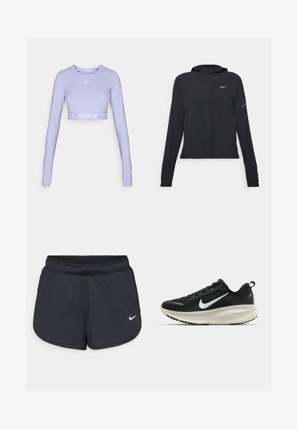 Juodas gobtuvas striukė su ilgomis rankovėmis, pagaminta iš lengvo audinio. Pasižymi priekiniais užtrauktukais, Nike logotipu ir subtiliais dizaino akcentais.; Mėlynos, ilgomis rankovėmis, trumpas viršelis pagamintas iš minkštos, lankstios medžiagos, su balta "Nike" logotipu ir plačiu, šviesiai violetiniu prekės ženklo juosteliu.; Juodos sportinės šortai, pagaminti iš lengvos, kvėpuojančios medžiagos. Turi elastingą juosmenį ir baltą Nike logotipą apatinėje dešinėje pusėje.; Juodas Nike sportinis batelis su kvėpuojančiu tinklu, baltu swoosh logotipu, tekstūruoto dizaino detalėmis ir grietinėlės spalvos ZoomX viduriu.