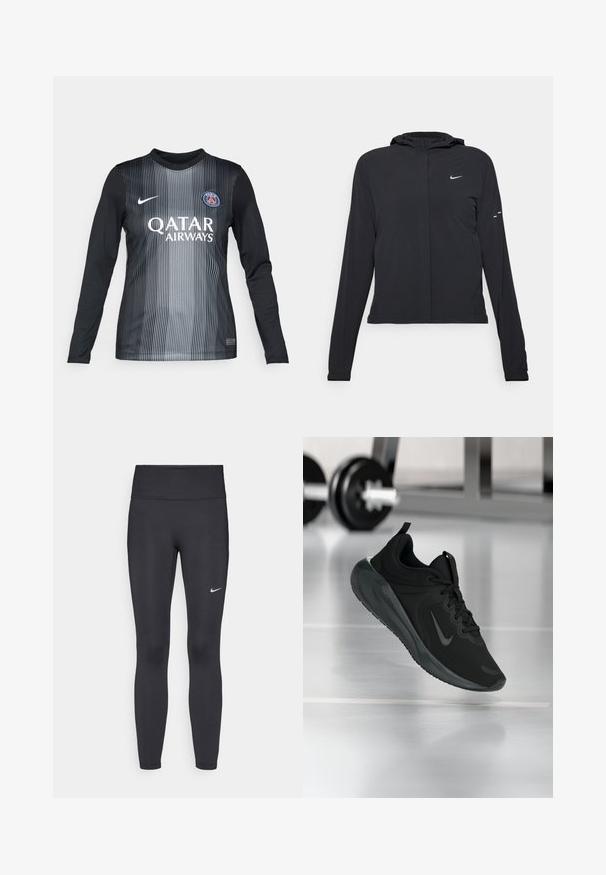 Črna kapuča s dolgimi rokavi, izdelana iz lahkega materiala. Ima sprednji zadrgo, logotip Nike in subtilne oblikovne detajle.; Nogavičar za nogomet z dolgimi rokavi v črni in sivi barvi s navpičnimi črtami, ki ima okrogel izrez, logotip Nike in blagovno znamko Qatar Airways.; Črne legice iz elastične tkanine, z visokim pasom in belim Nike logo na levem stegnu. Gladka tekstura, oblikovno prilegajoč dizajn.; Črne športne teniske z logotipom Nike, prikazane v zraku na telovadni talni površini, v ozadju pa zamegljena vrsta uteži.
