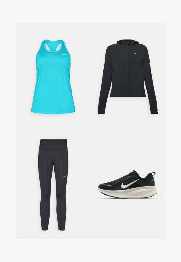 Čierna kapucňová bunda s dlhou rukávou, vyrobená z ľahkého materiálu. Má predný zips, logo Nike a jemné dizajnové akcenty.; Tyrkysová športová tielko s okrúhlym výstrihom, pretekárskym strihom a bielym logom Nike na hornej ľavej strane. Hladká, ľahká tkanina.; Čierne legíny z elastického materiálu, s vysokým pásom a bielym logom Nike na ľavom stehne. Hladká textúra, priliehavý dizajn.; Čierne bežecké topánky Nike s priedušnou sieťovinou, bielym logom s symbolom swoosh, textúrovanými detailmi a krémovou ZoomX medzipodrážkou.