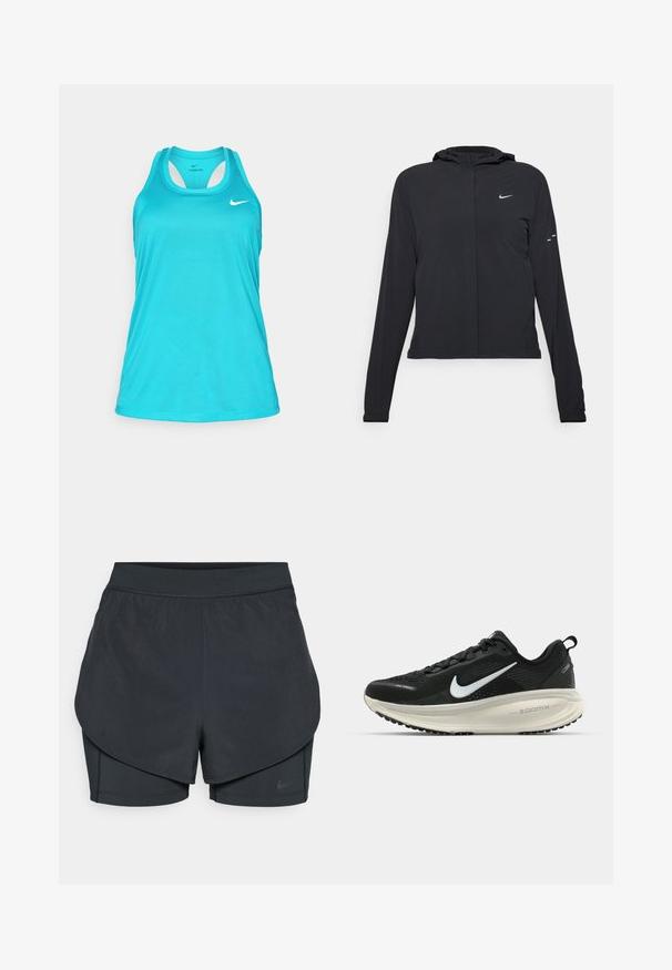 Chaqueta negra con capucha y mangas largas, hecha de un material ligero. Presenta un cierre frontal, un logo de Nike y acentos de diseño sutiles.; Camiseta atlética turquesa sin mangas con cuello redondo, diseño de espalda nadadora y logo blanco de Nike en la parte superior izquierda. Tejido suave y ligero.; Pantalones cortos deportivos negros con un diseño en capas, que cuentan con una capa exterior suave y pantalones cortos interiores ajustados. Fabricados con una tela ligera y elástica.; Zapatilla de running Nike negra con parte superior de malla transpirable, logo Swoosh blanco, detalles texturizados y una entresuela ZoomX de color crema.