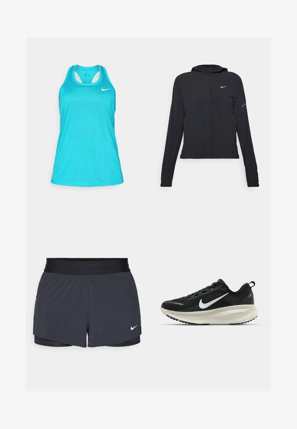 Černá kapucňová bunda s dlouhými rukávy, vyrobená z lehkého materiálu. Obsahuje přední zip, logo Nike a decentní designové akcenty.; Tyrkysový sportovní top bez rukávů s kulatým výstřihem a designem racerback, bílým logem Nike v horním levém rohu. Hladká, lehká tkanina.; Černé sportovní kraťasy s elastickým pasem, které mají vrstvený design a malé bílé logo Nike na dolním levém rohu. Lehce materiál.; Černá běžecká obuv Nike s prodyšným síťovaným svrškem, bílým logem swoosh, texturovanými detaily a krémovou mezipodešví ZoomX.