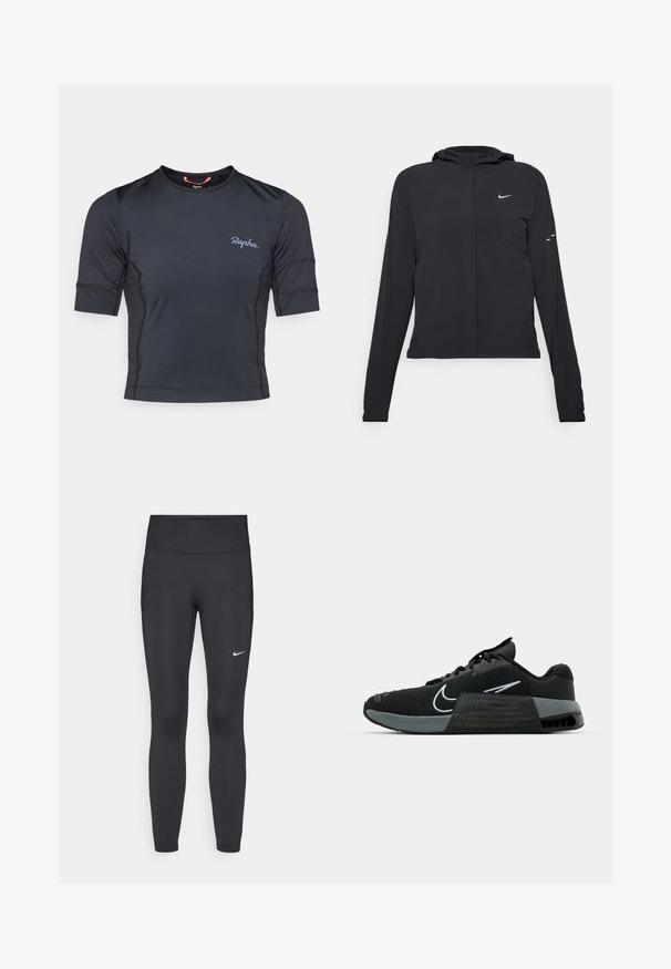 Casaco preto com capuz e mangas longas, feito de material leve. Apresenta um fecho dourado na frente, um logótipo da Nike e detalhes de design subtis.; Camisola de ciclismo de manga curta em azul marinho escuro com uma textura suave, apresentando painéis laterais contrastantes e um logótipo subtil no peito.; Leggings pretos feitos de tecido elástico, com uma cintura alta e um logo branco da Nike na coxa esquerda. Textura suave, design ajustado ao corpo.; Sapatilhas desportivas pretas com parte superior em malha, detalhes em cinza e entressola texturizada. Apresentam um logótipo proeminente e um design de atacadores. Sola de borracha para tração.
