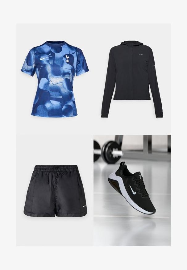 Črna kapuča s dolgimi rokavi, izdelana iz lahkega materiala. Ima sprednji zadrgo, logotip Nike in subtilne oblikovne detajle.; Nike Performance TOTTENHAM HOTSPURS ACADEMY TOP PREMATCH - Nogometni dres - binary blue/white; Črne atletske kratke hlače iz lahkega in gladkega materiala. Imajo elastičen pas, vrvico in majhen beli logotip na spodnji desni strani.; Črne športne čevlje z mrežastim zgornjim delom, belim podplatom in Nike logotipom. Imajo zaobljen nos in teksturirane detajle. Lebdijo nad telovadnico.