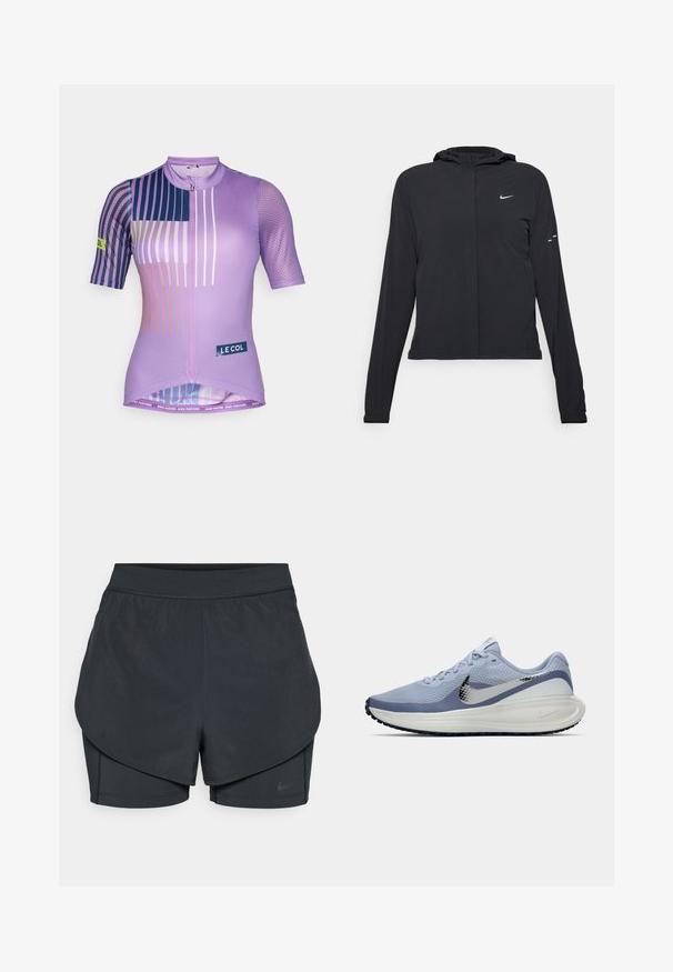 Casaco preto com capuz e mangas longas, feito de material leve. Apresenta um fecho dourado na frente, um logótipo da Nike e detalhes de design subtis.; Jersey de ciclismo roxo com mangas curtas, apresentando padrões geométricos em várias cores, fecho com rabo de peixe, elementos em malha e um rótulo com logótipo.; Calções desportivos pretos com um design em camadas, apresentando uma camada exterior suave e calções interiores ajustados. Feitos de um tecido leve e elástico.; Sapatilha de corrida Nike azul claro e branca com o swoosh prateado, parte superior de malha respirável, sola acolchoada e sola preta.